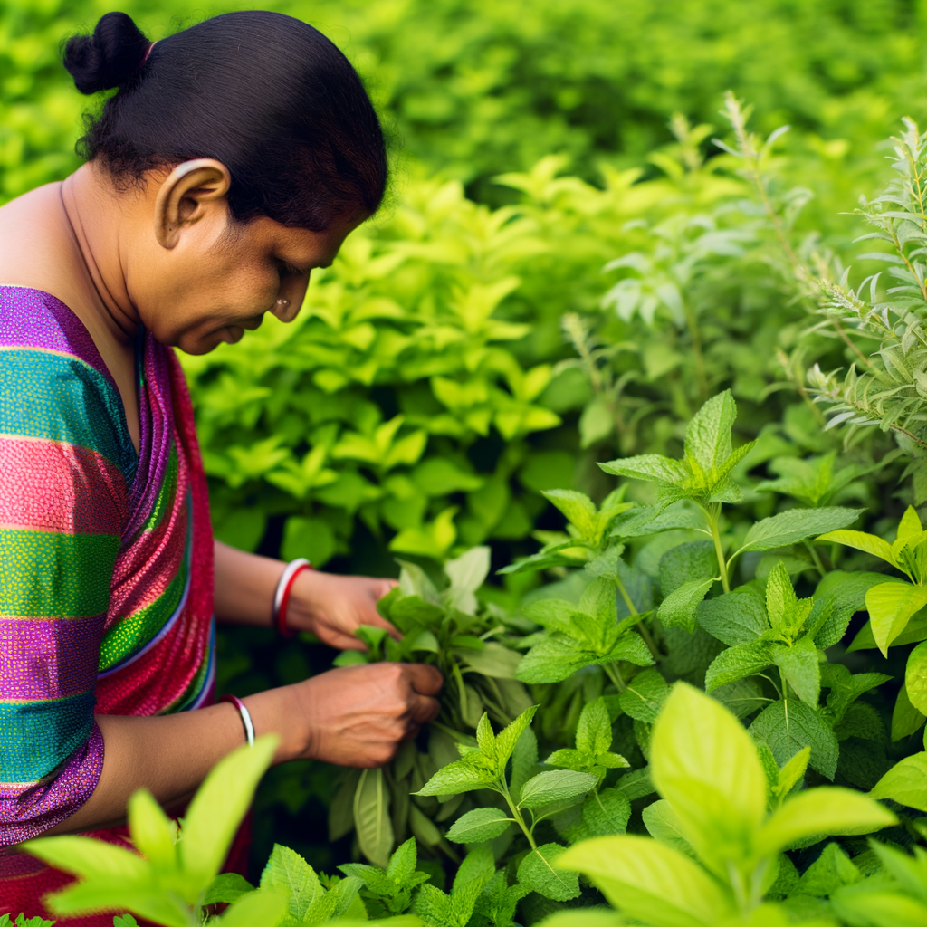Mensch in Garten voller Heilkräuter pflücken.