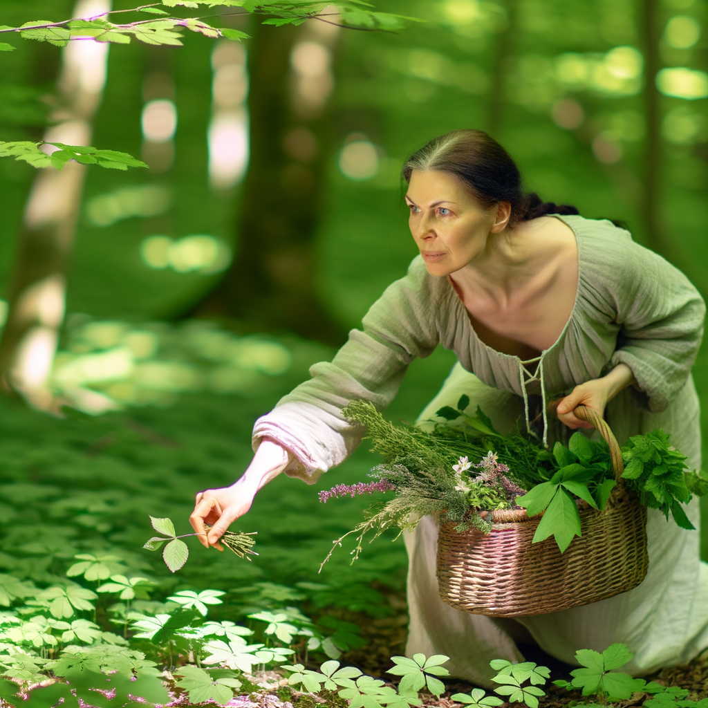 Person sammelt Heilkräuter in unberührter Natur.