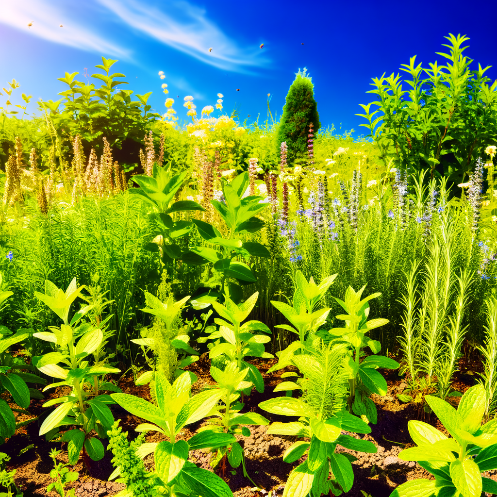 Sonniger Heilkräutergarten mit duftenden Kräutern.