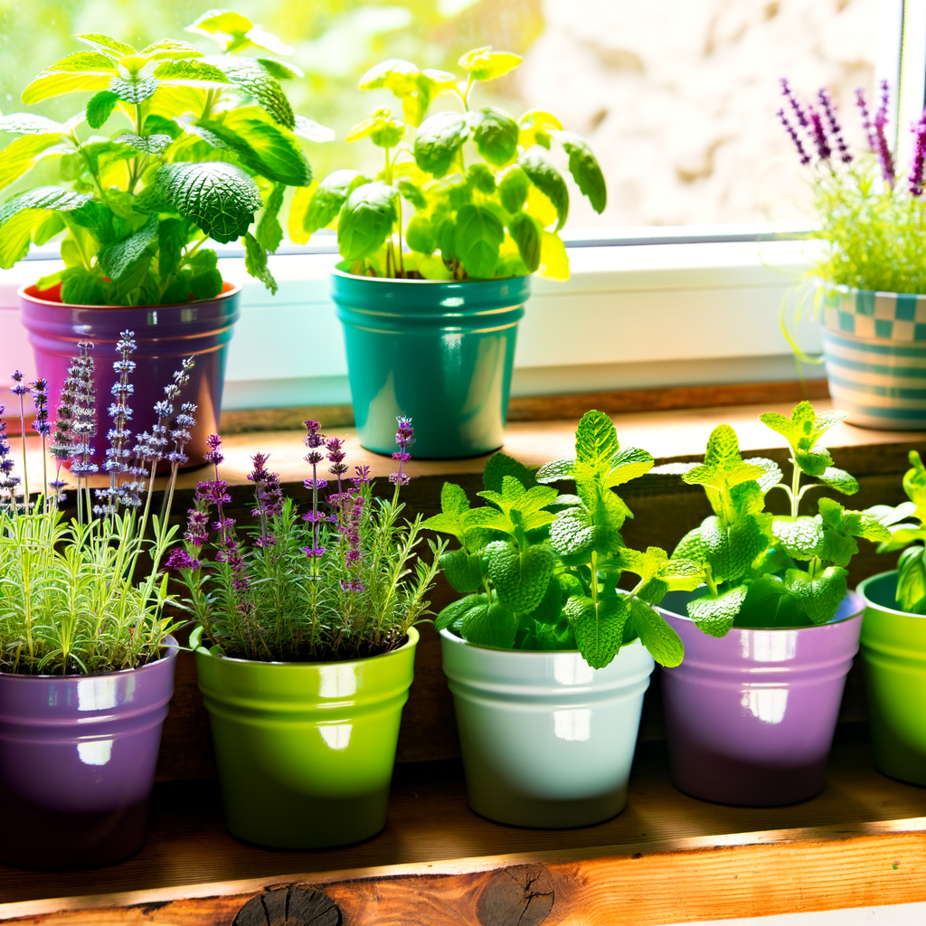 Verschiedene Heilkräuter in bunten Töpfen.
