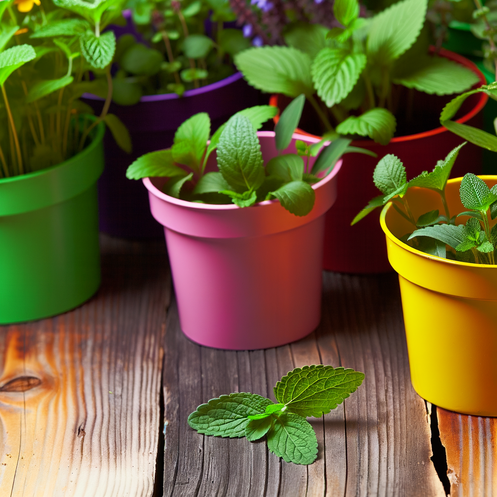 Verschiedene Heilkräuter in bunten Töpfen.